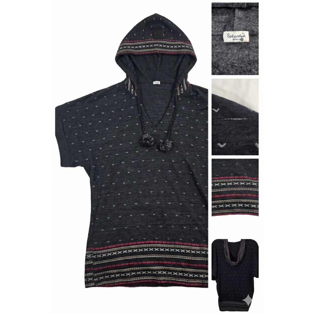 Splendid Hoodie Women S Small Gray Geometric Boho Made in USA‎ Short Sleeve Pom